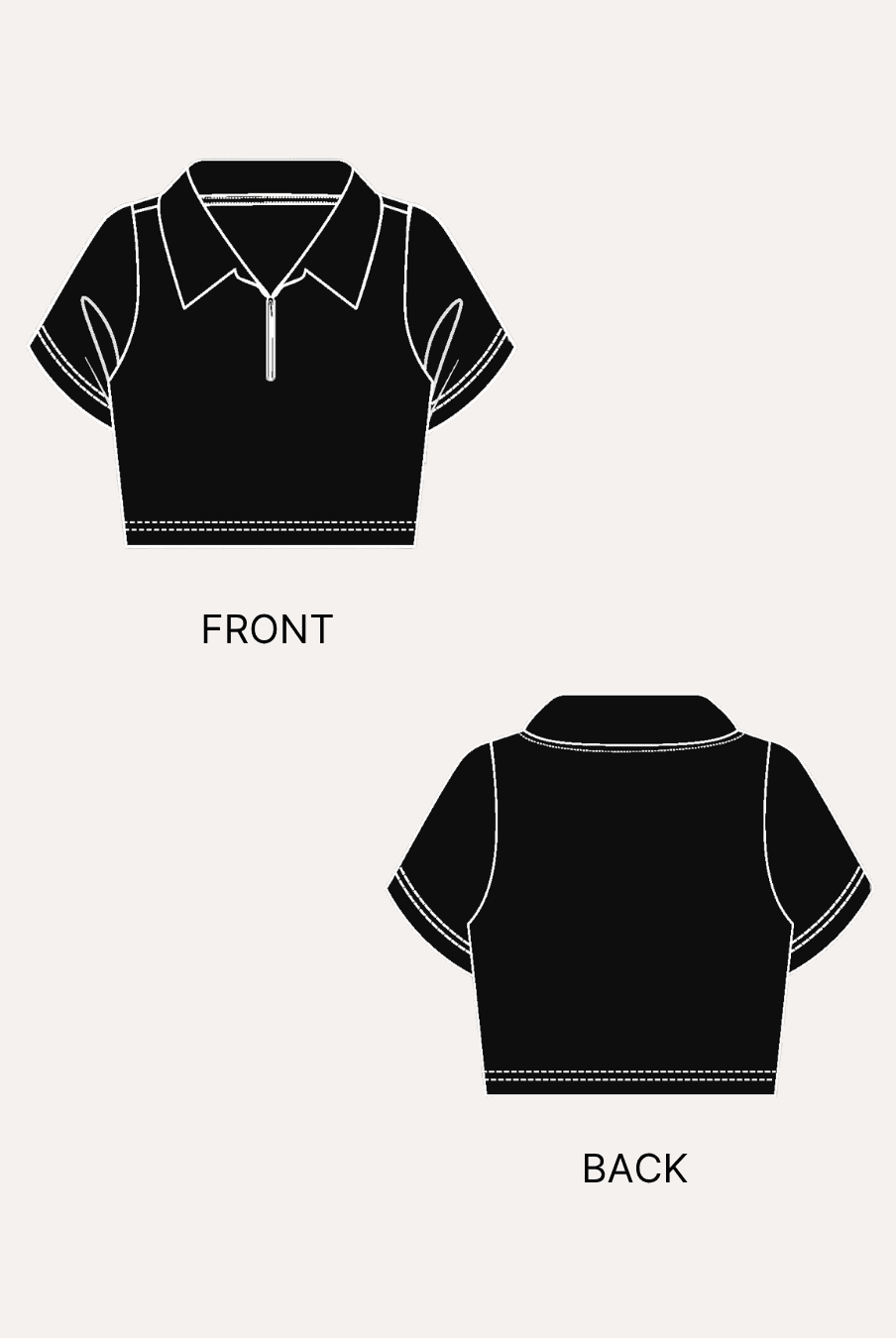 Front view of black crop polo shirt sewing pattern with sharp collar and short sleeves