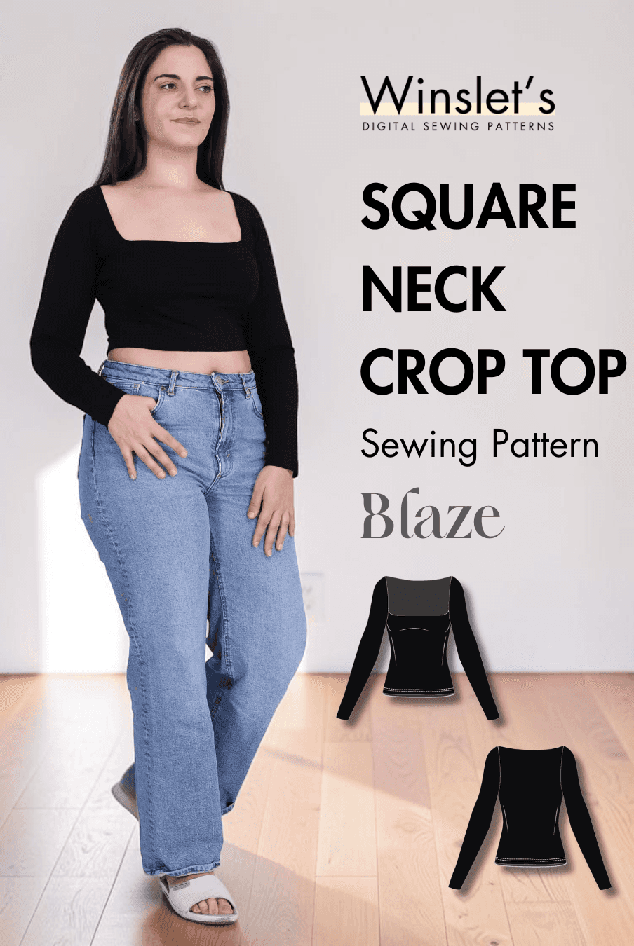 Black square neck crop top with long sleeves on woman