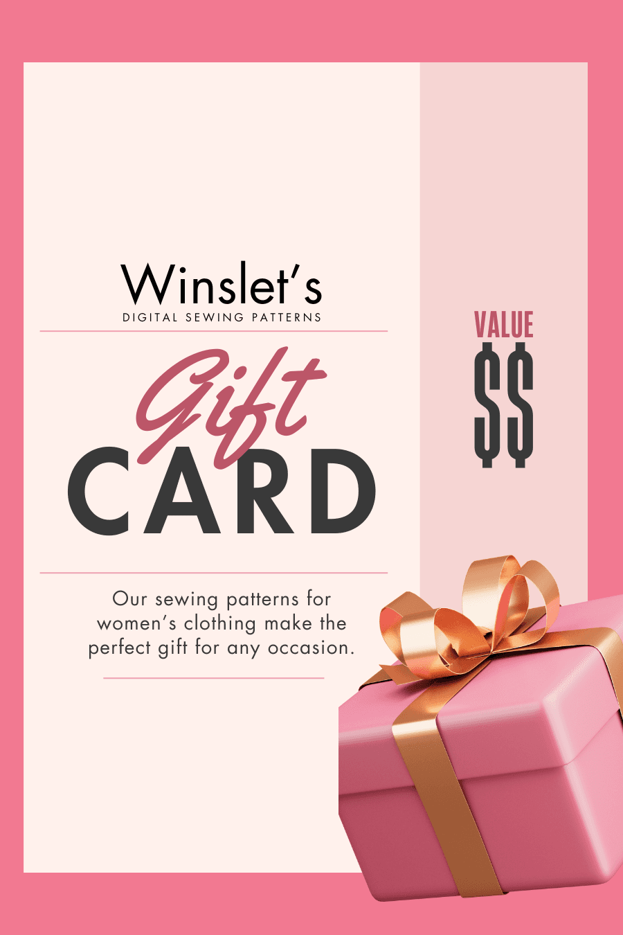 Gift Card from Winslet's Patterns featuring a pink wrapped present with gold ribbon. Ideal digital gift for any occasion or budget.