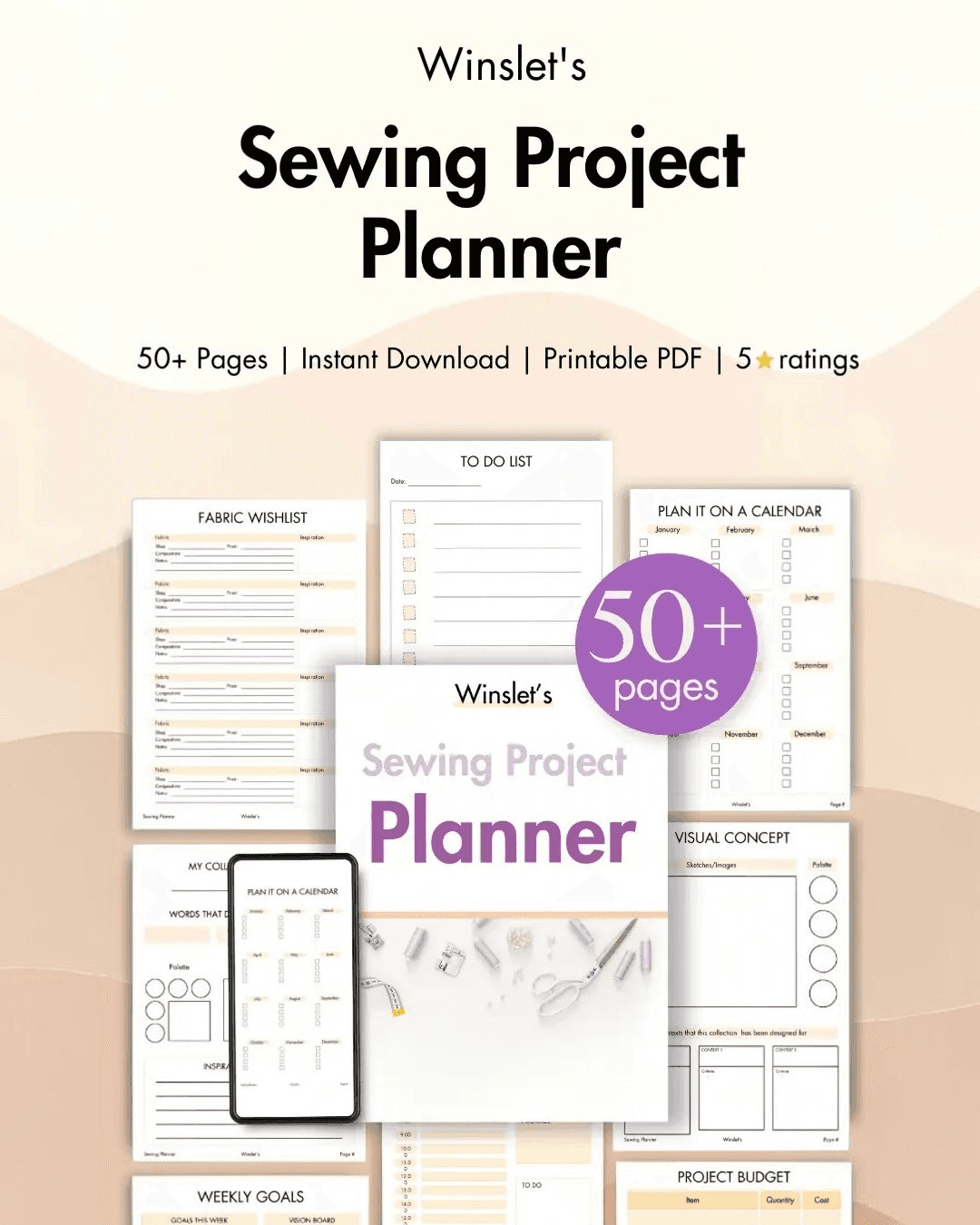Sewing project planner with 50+ pages for organizing sewing projects and goals