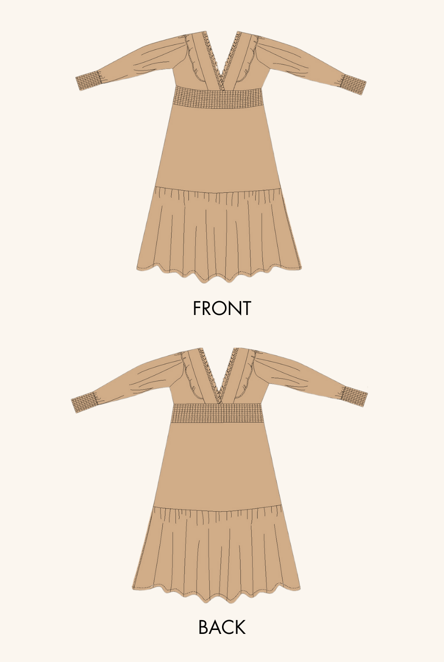 Technical illustration of the Daisy Maxi Dress Sewing Pattern showing front and back views with design details like ruffles and shirring.