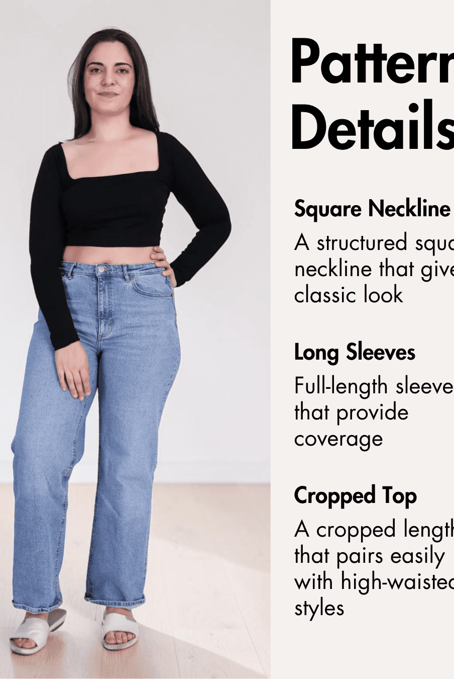 Close-up of pattern details for square neck crop top sewing pattern