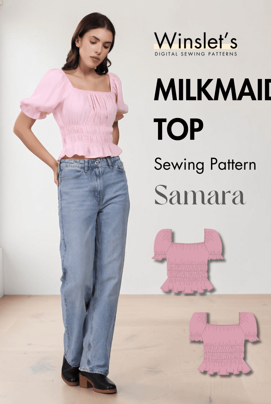 Pink puff sleeve cottagecore sewing pattern top with square neckline and ruffled hem