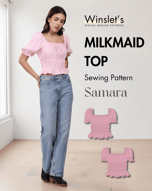 Pink puff sleeve cottagecore sewing pattern top with square neckline and ruffled hem