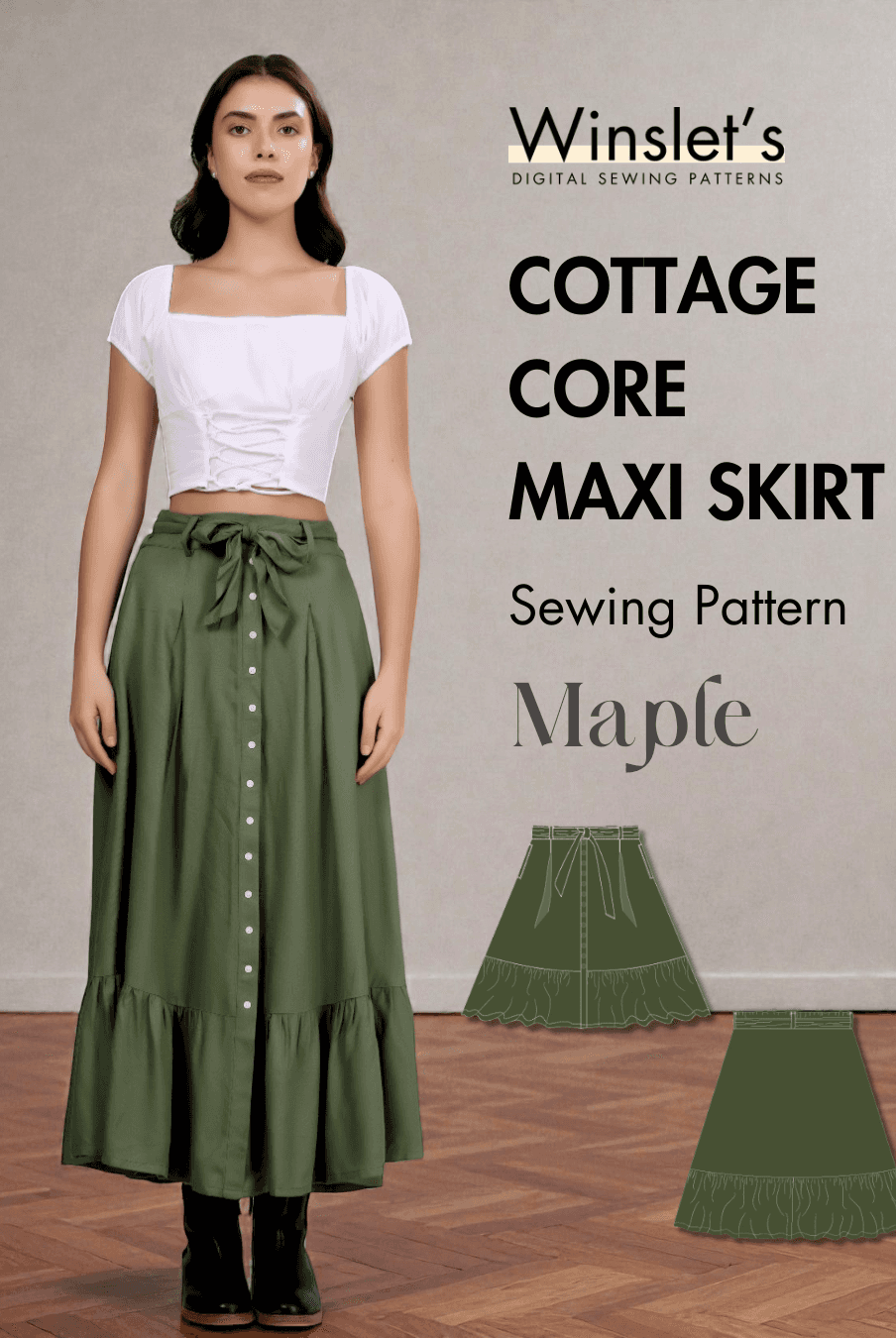 Cottagecore maxi skirt PDF sewing pattern 'Maple' featuring front pleats, button placket, belt detail, and tiered hem for woven fabrics.