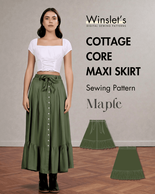 Cottagecore maxi skirt PDF sewing pattern 'Maple' featuring front pleats, button placket, belt detail, and tiered hem for woven fabrics.