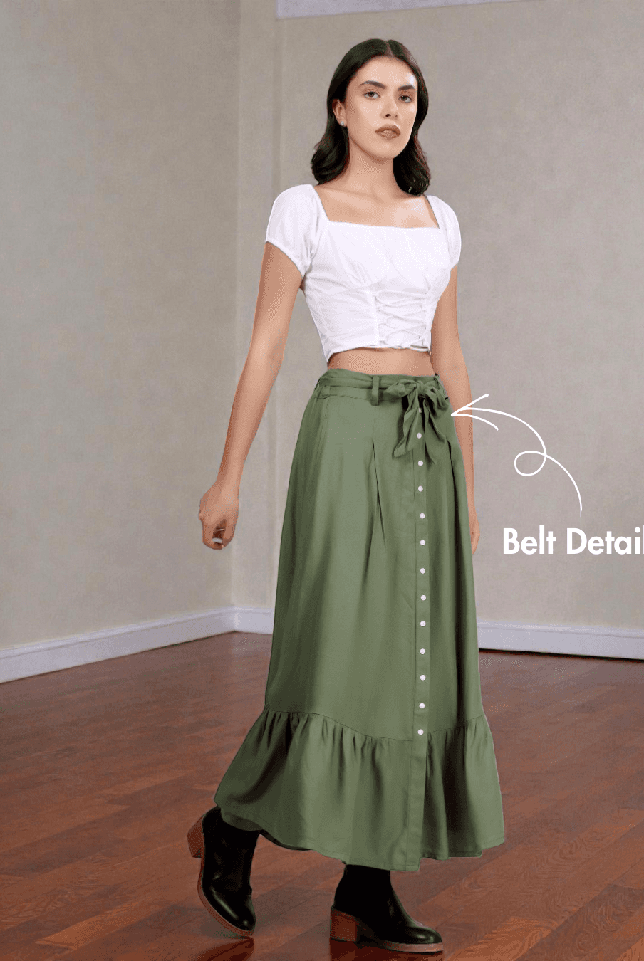 Women's maxi skirt sewing pattern with belt detail, front buttons, and gathered tier hem in cottagecore style, ideal for DIY woven skirts.