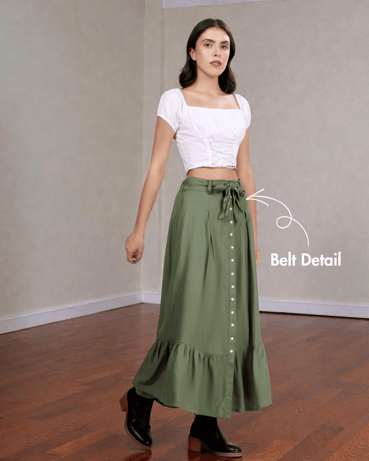 Women's maxi skirt sewing pattern with belt detail, front buttons, and gathered tier hem in cottagecore style, ideal for DIY woven skirts.