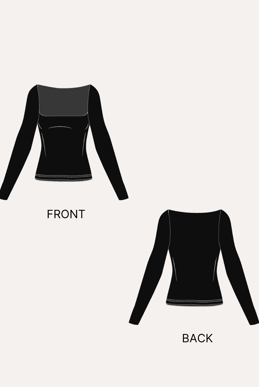 Black long sleeve square neck crop top sewing pattern front and back views