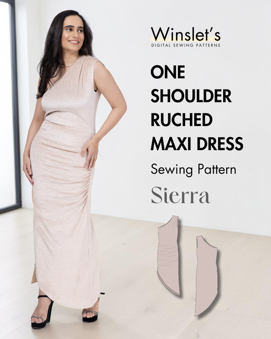 One Shoulder Ruched Maxi Dress Sewing Pattern 'Sierra'