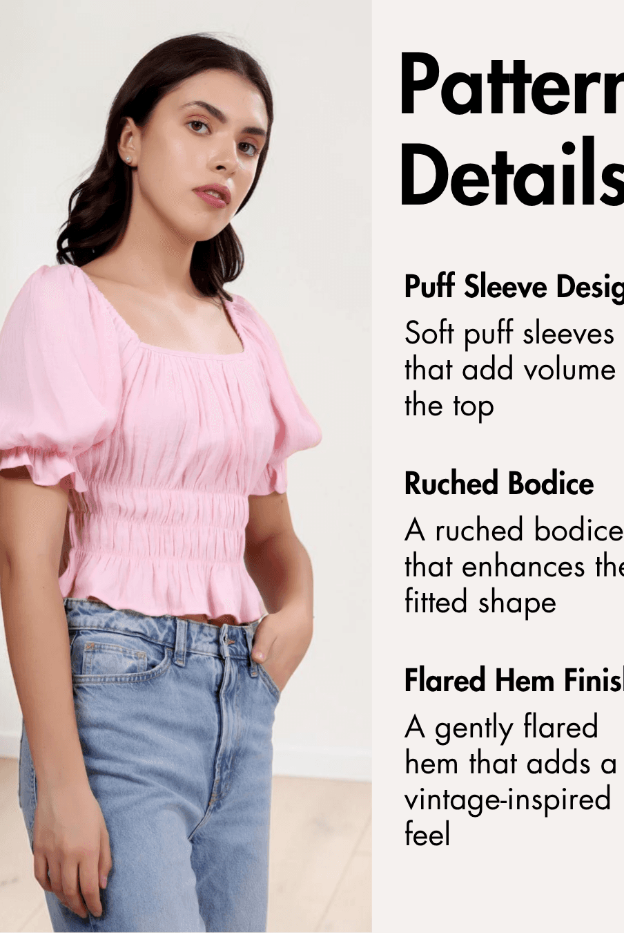 pink cottagecore top with puff sleeves, ruched bodice, and flared hem - Sewing Pattern Details