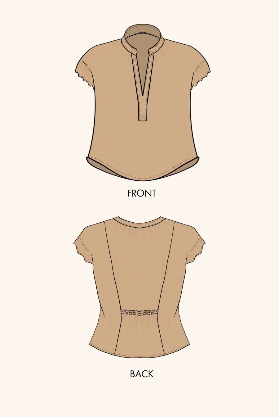 Technical illustration of the 'Bliss' short sleeve blouse sewing pattern, showing front and back views. Features a V-neck, cap sleeves, and an elasticated waist for a flattering fit.