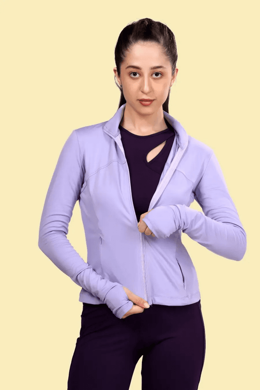 Close-up of the Venus sports jacket with a full zip closure and thumbhole cuffs, designed for comfort and flexibility in activewear.