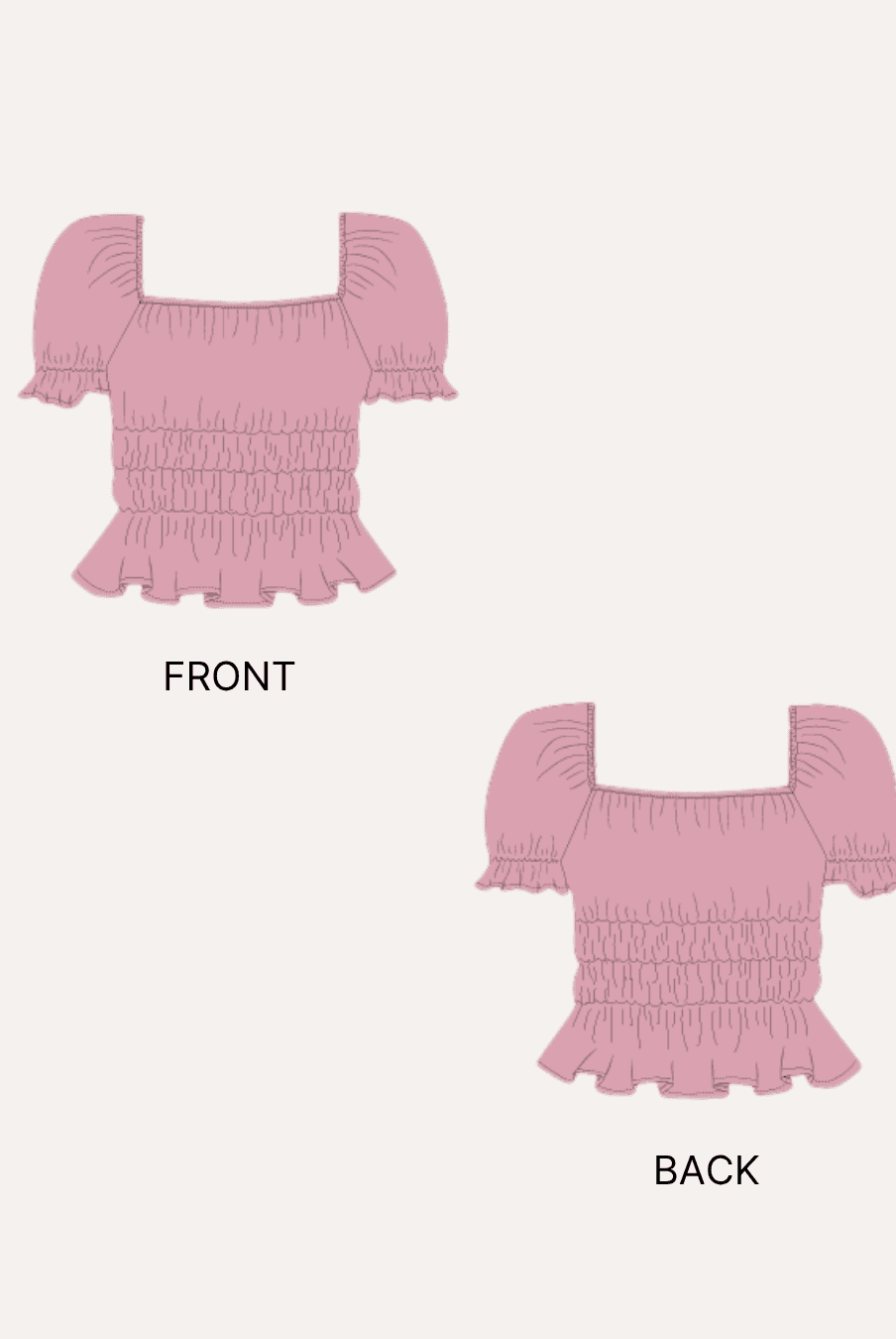 Illustration of front and back views of pink puff-sleeve cottagecore blouse pattern