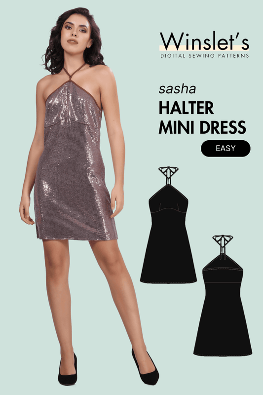 Halter Neck Mini Dress PDF Women's Party Wear Sewing Pattern with strap detail and backless design, ideal for evening wear in woven or knit fabric.