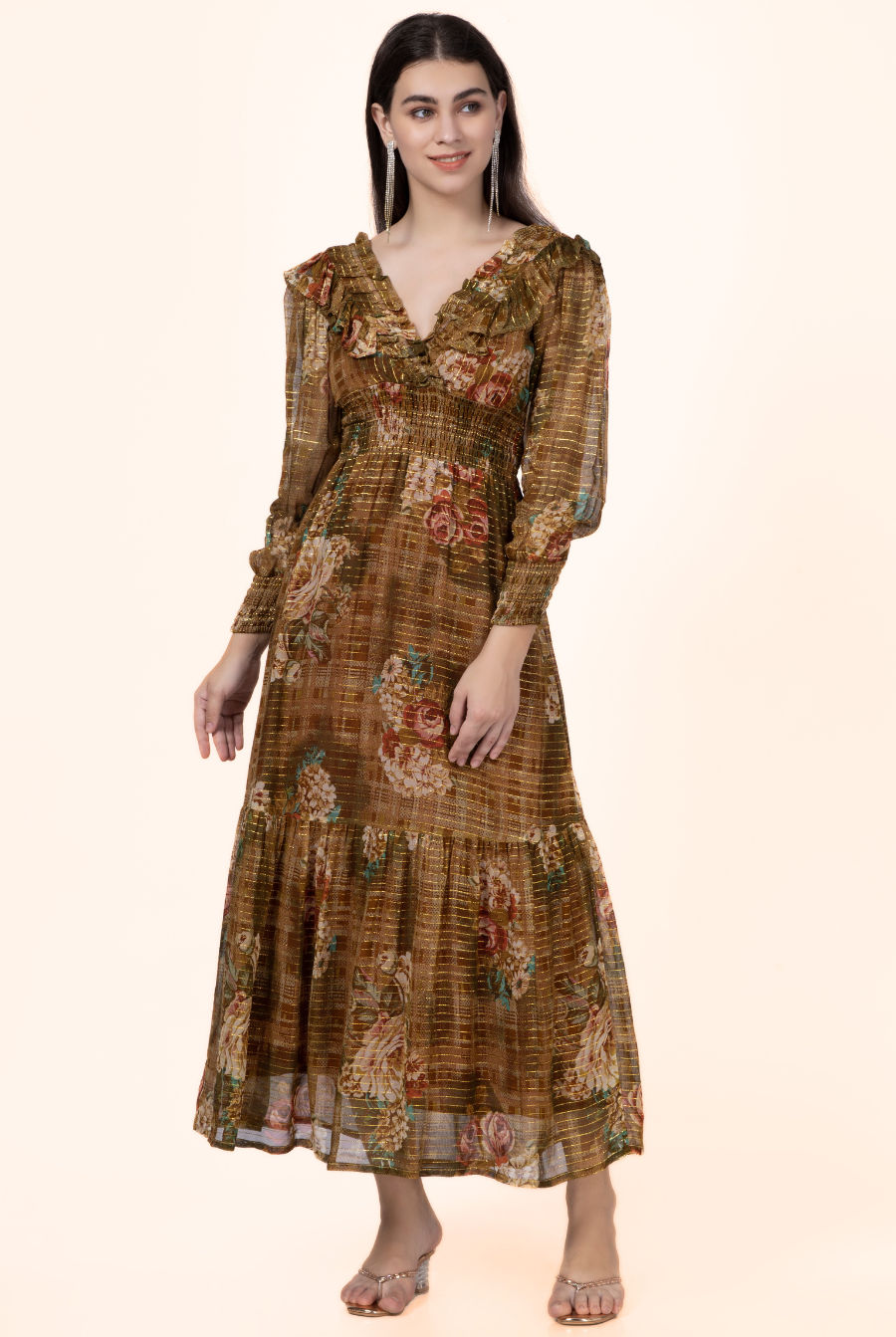 Side view of the Daisy Maxi Dress showcasing its elegant tiered skirt, ruffled neckline, and long sleeves. Ideal for DIY fashion projects.