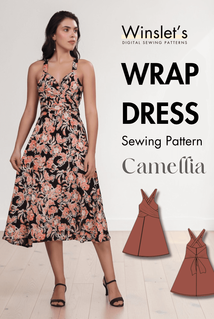 Wrap Dress Sewing Pattern 'Camellia' with floral design and cross-back straps