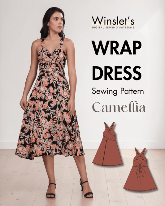 Wrap Dress Sewing Pattern 'Camellia' with floral design and cross-back straps