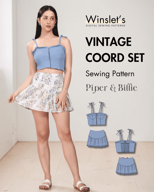 Vintage coord set sewing pattern Blue vintage crop top with tie straps and ruffled edges