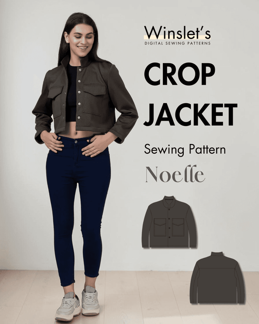 Women's cropped jacket sewing pattern 'Noelle' with front flap pockets and stand collar