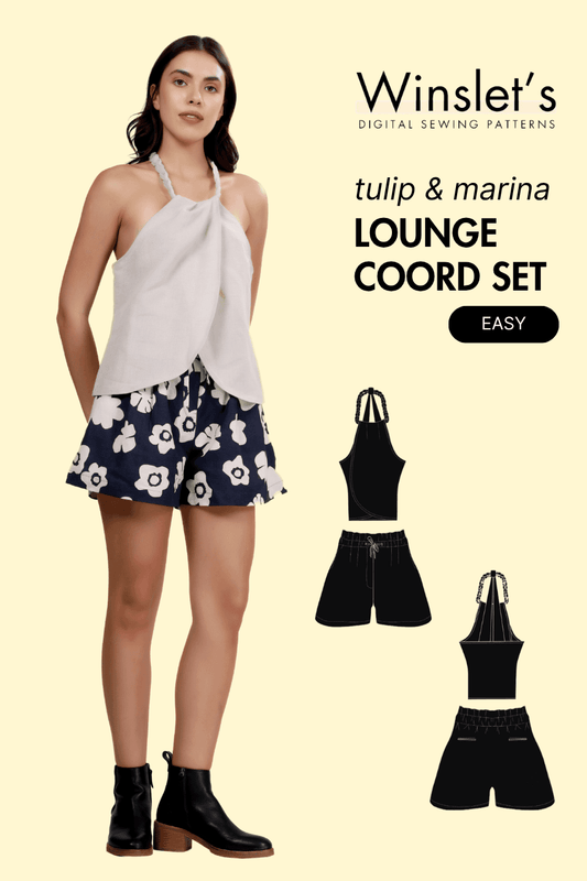 Digital Lounge Coord Set Sewing Pattern featuring braided halter top and drawstring shorts with floral print, labeled as easy by Winslet's.