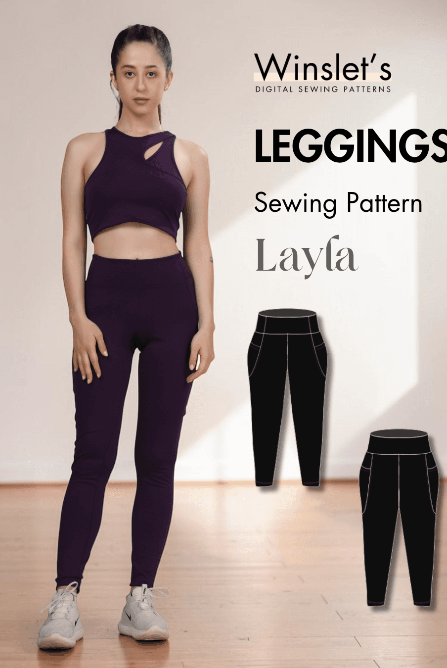 Women's purple high-waisted leggings with side pockets and full length