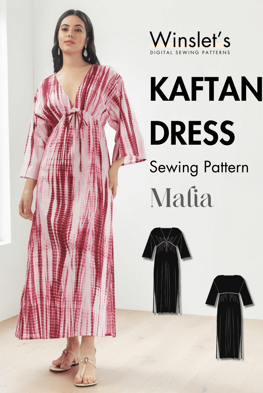 Women's pink and red tie-dye kaftan maxi dress with deep V-neckline and wide three-quarter sleeves