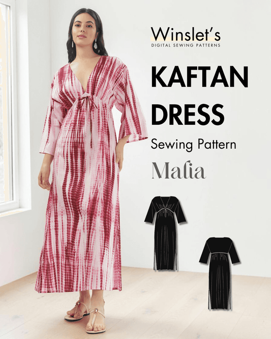 Women's pink and red tie-dye kaftan maxi dress with deep V-neckline and wide three-quarter sleeves