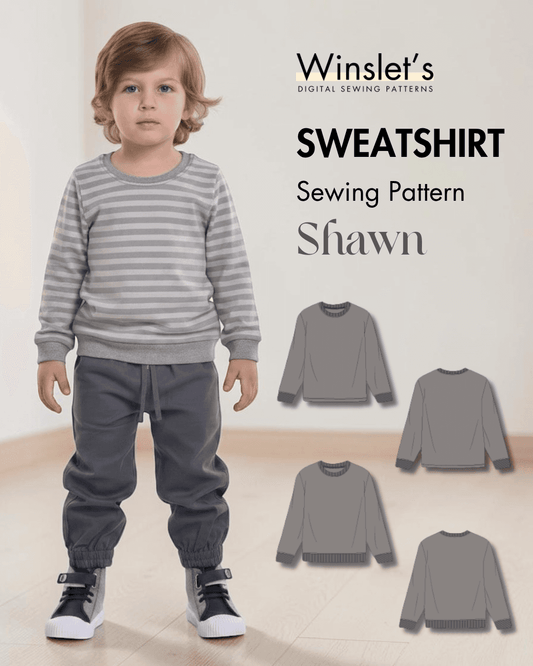 Child wearing a gray and white striped sweatshirt with round neckline, long sleeves, ribbed cuffs, and elastic hem, standing indoors