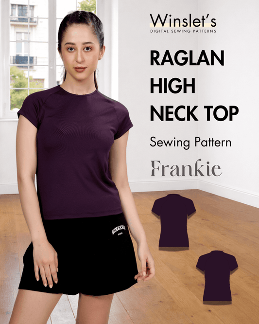 Raglan Short Sleeves High Neck Top Sewing Pattern 'Frankie' in plum color, featuring slim bodycon fit and clean neckline for activewear styling.