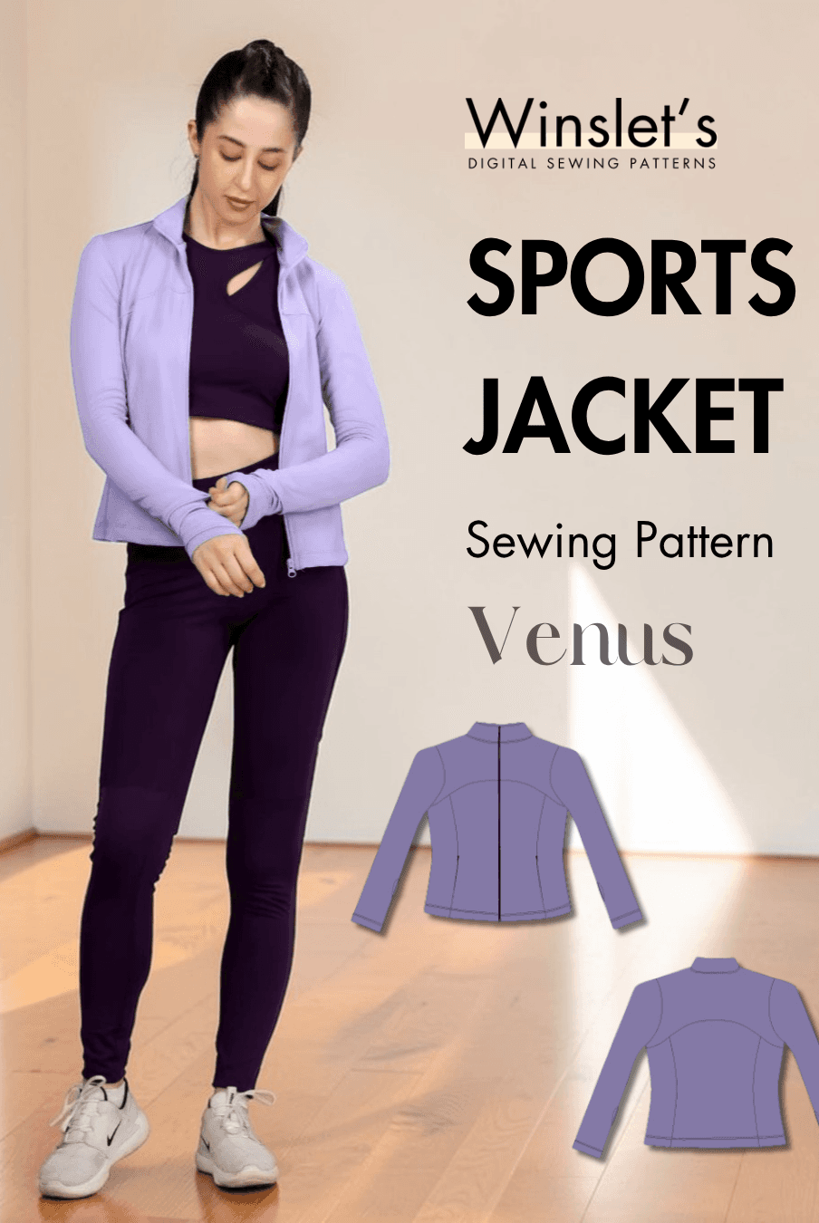 Women's purple sports jacket with full zip, thumbhole cuffs, high collar, and front pockets