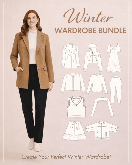 Winter Wardrobe Bundle featuring 10 illustrated clothing sewing patterns including coat, hoodie, cardigan, skirt, and more for winter fashion.