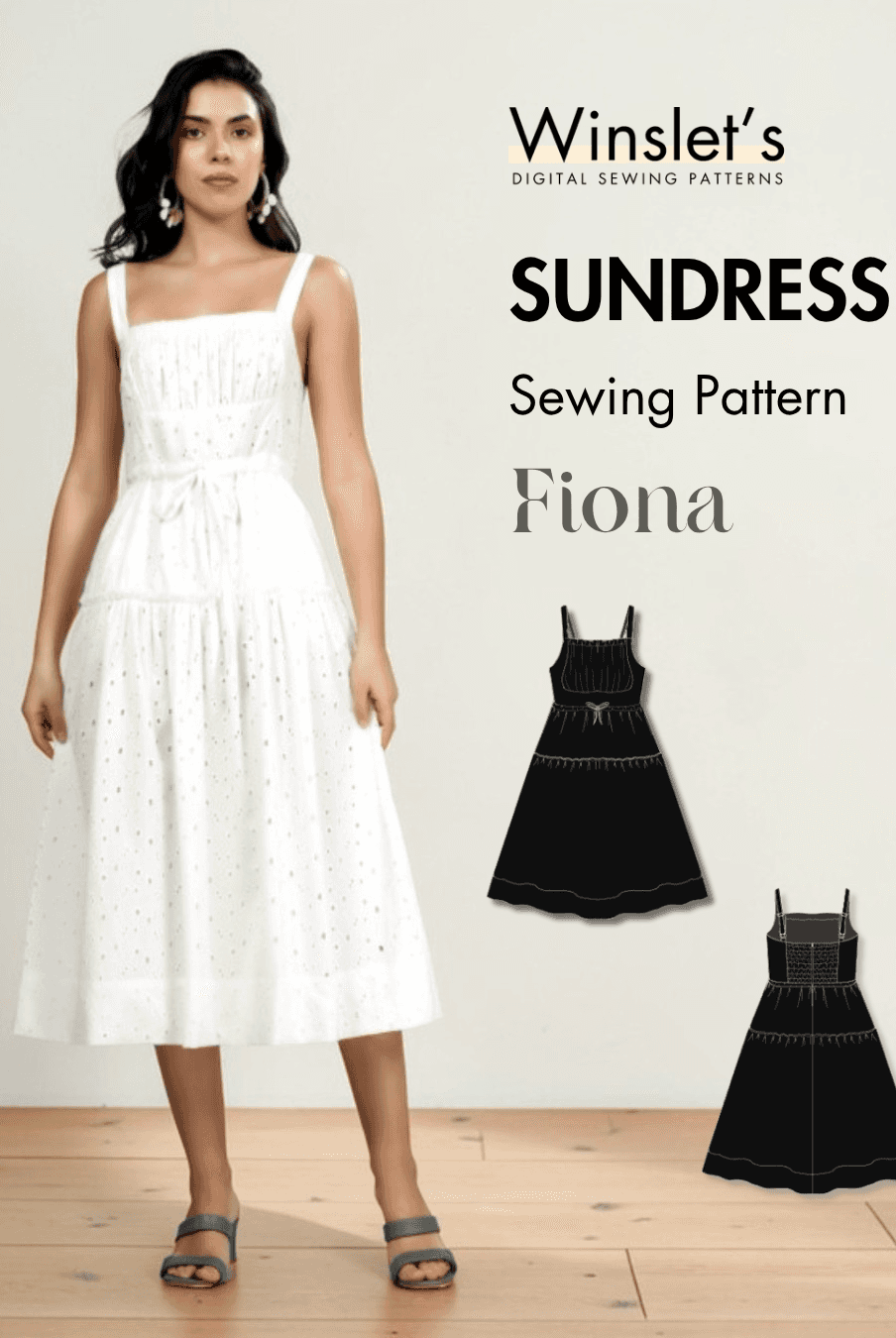 Sundress Midi Women's Dress PDF sewing pattern with square neckline, adjustable shoulder straps, tiered midi skirt, and concealed back zipper