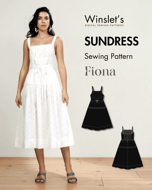 Sundress Midi Women's Dress PDF sewing pattern with square neckline, adjustable shoulder straps, tiered midi skirt, and concealed back zipper