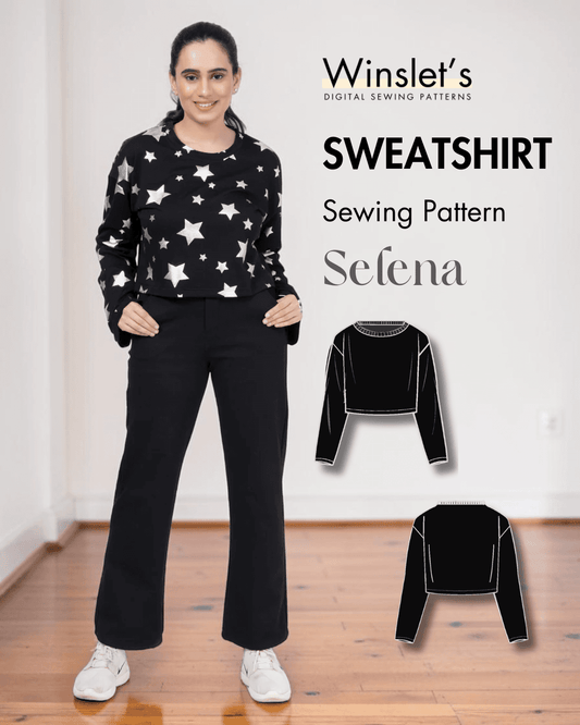Women's oversized black sweatshirt with white star pattern, round neckline, long sleeves, casual style, sewing pattern