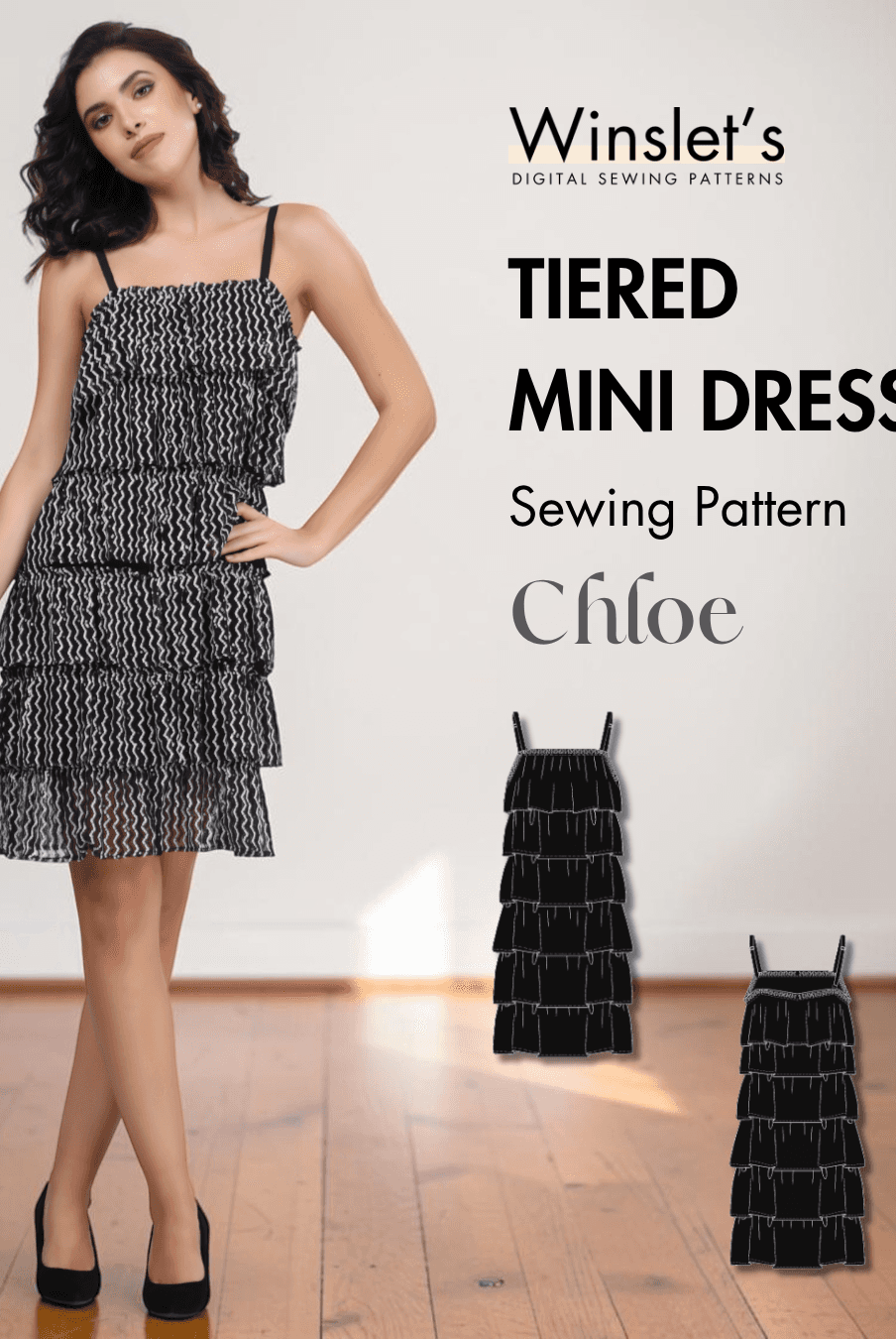 Tiered mini dress sewing pattern with layered frill design for women's party wear