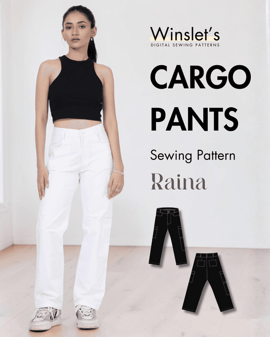 Women's cargo pants sewing pattern with straight-leg cut and flap pockets