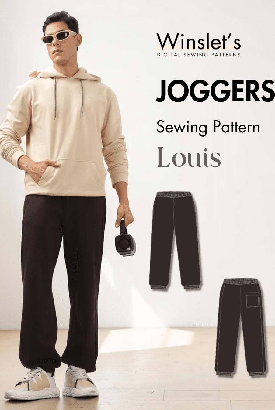 Men's joggers activewear PDF sewing pattern 'Louis' with elastic waistband and pockets