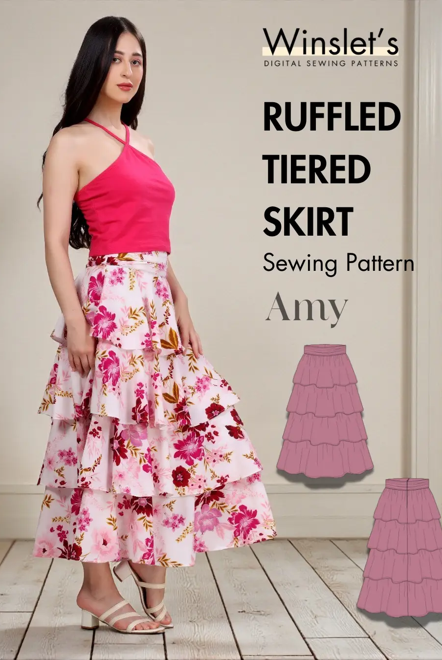Ruffled Tiered Skirt Sewing Pattern 'Amy' featuring a floral four-tiered midi skirt with a pleated waistband, ideal for DIY fashion projects.