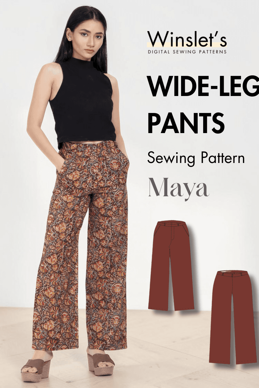 Women's wide leg pants sewing pattern 'Maya' with high waist and woven fabric