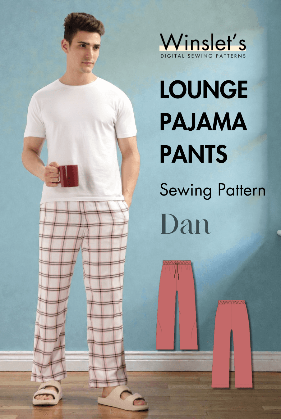 Men's Lounge Pajama Pants Sewing Pattern 'Dan' featuring relaxed fit loungewear with drawstring waist and plaid design, ideal for DIY sewing.