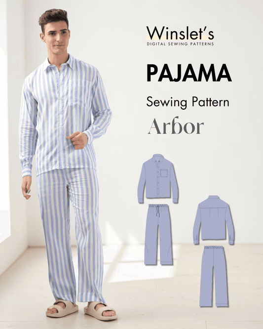 Men's pajama set sewing pattern with long sleeve shirt and striped woven fabric, front view