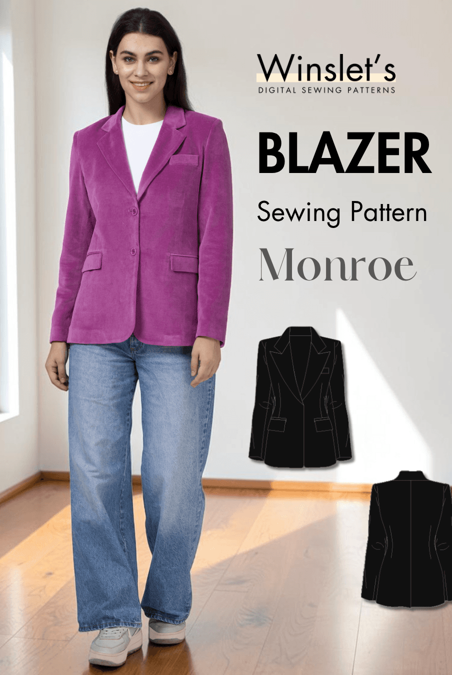 Women's pink blazer sewing pattern 'Monroe' PDF with front and back views