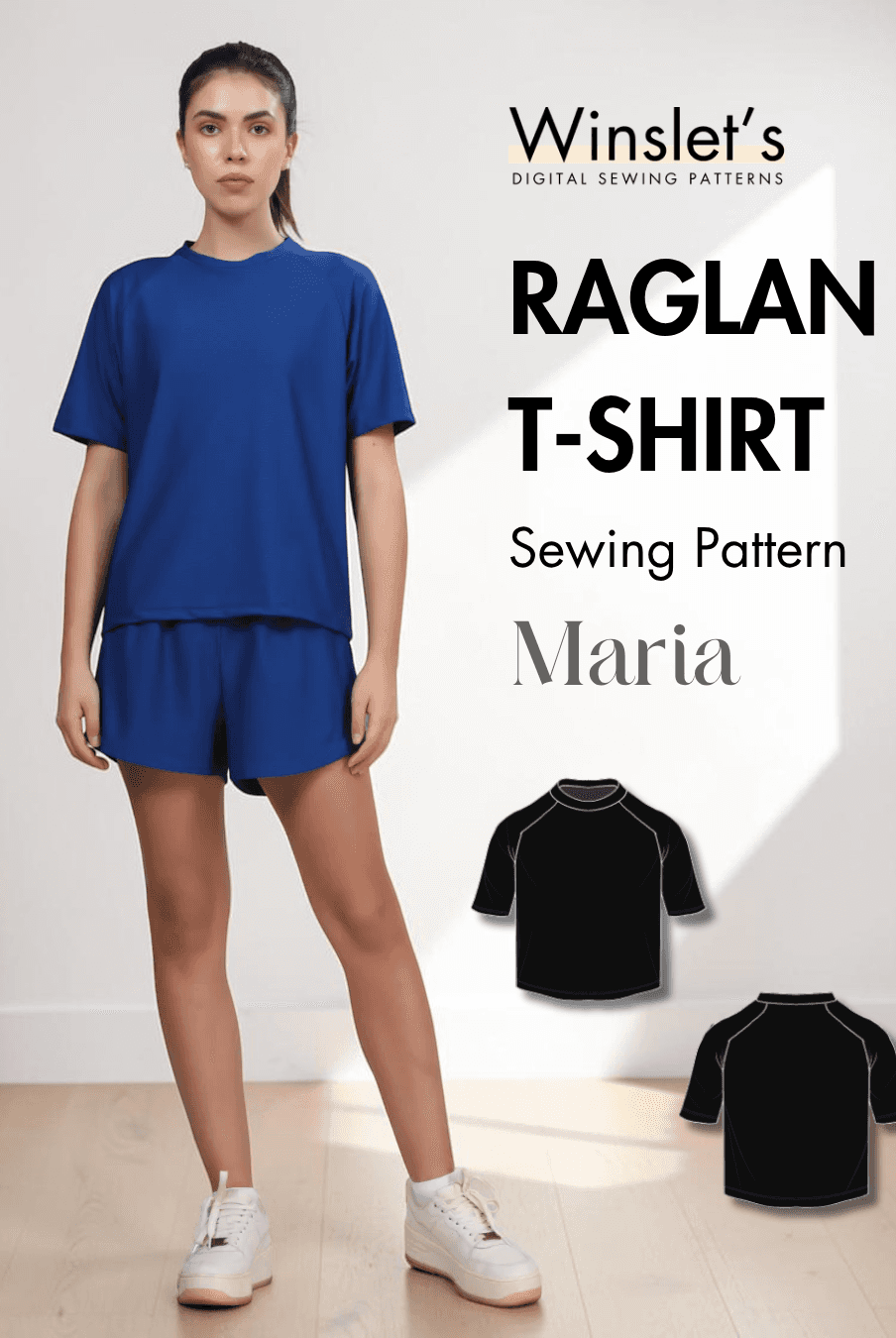Women's activewear raglan T-shirt pattern 'Maria' with short raglan sleeves and crew neck