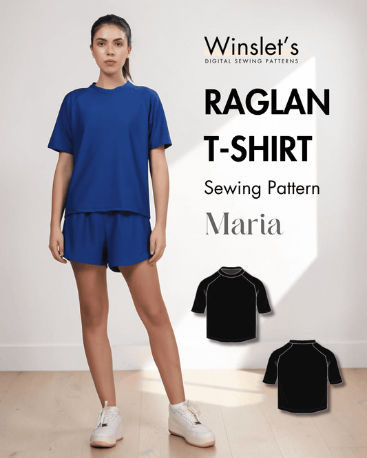 Women's activewear raglan T-shirt pattern 'Maria' with short raglan sleeves and crew neck