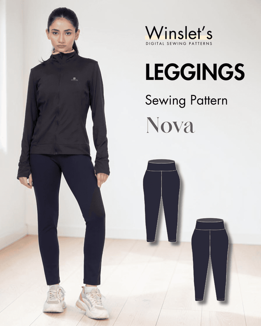 Women wearing black leggings sewing pattern with high waist and ankle length, front view