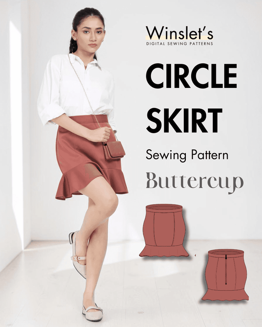 Women's mini circle skirt sewing pattern 'Buttercup' with ruffle hem and back zip