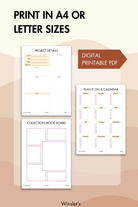 Printable Sewing Project Planner available in A4 and Letter sizes. Features project details, mood board, and calendar planning pages.