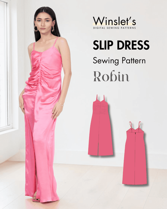 Pink satin slip dress with ruched front and spaghetti straps