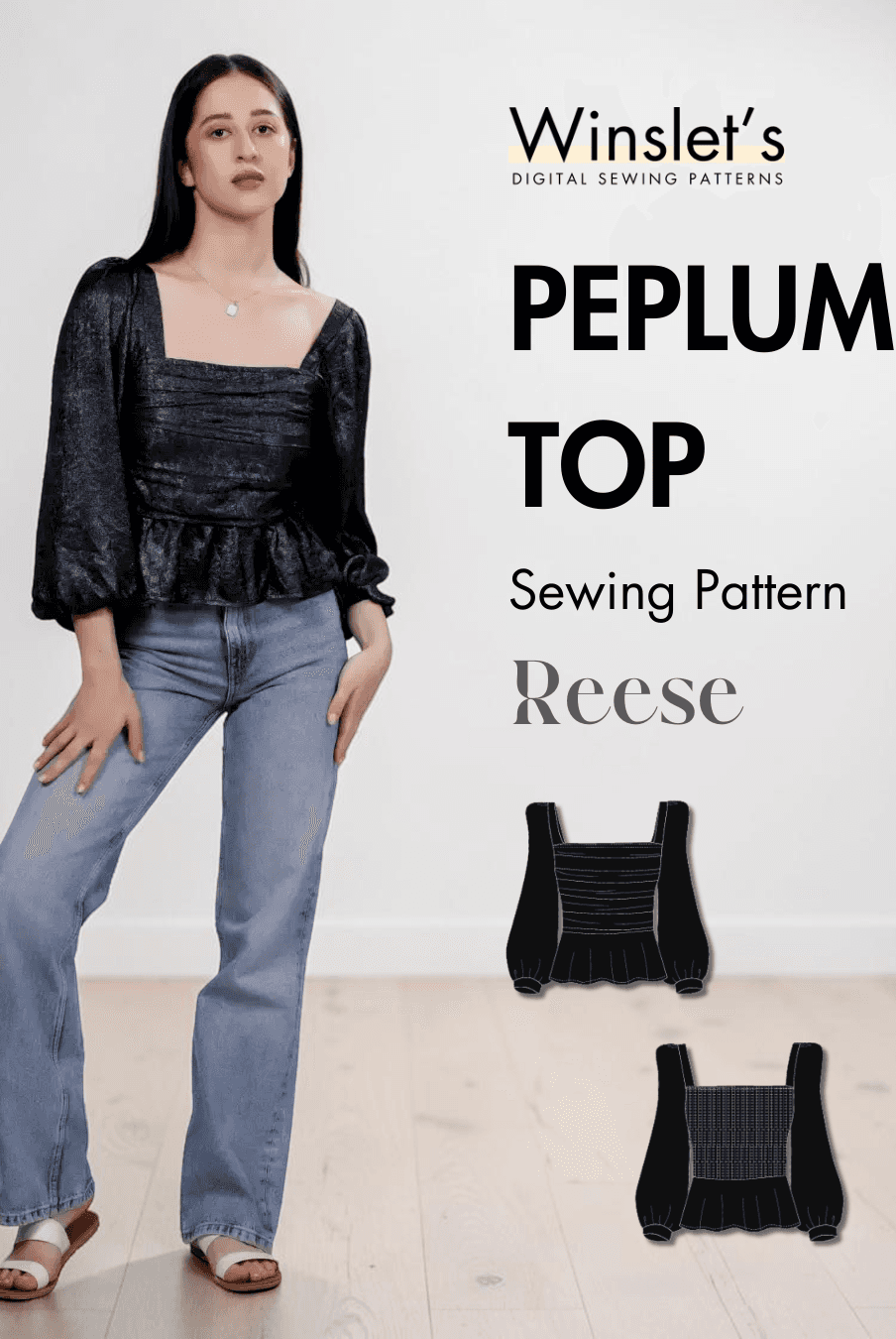Women's black peplum top sewing pattern with square neckline and puff long sleeves
